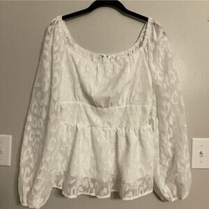 Cupshe Sheer Animal Print White Peplum Shirt NEW S Long Sleeve Ruched Waist